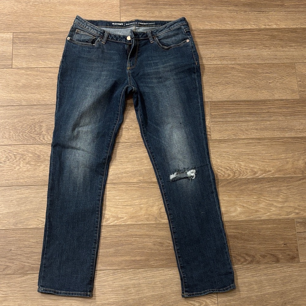 Old Navy Navy Blue Straight-Leg Women's Jeans with Knee Distress